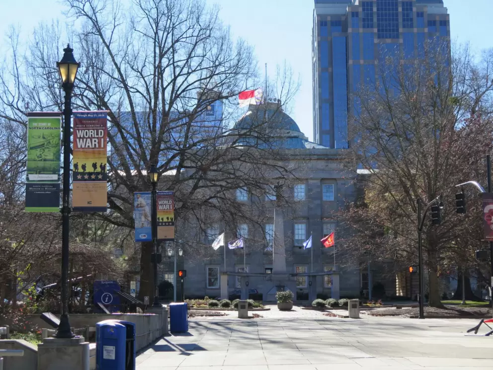 Looking toward the North Carolina State Capital, from the plaza between NC Museum of Natural Sciences and NC Museum of History.