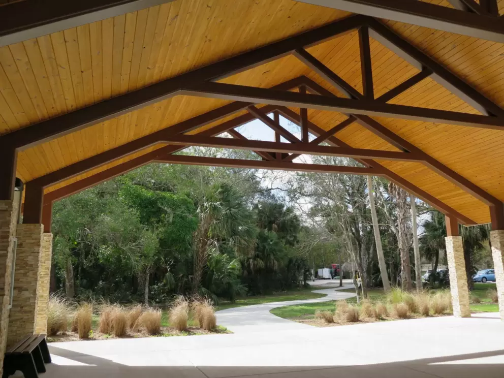 Shade and some cute grasses, under the pavilion that houses some offices and the restrooms.