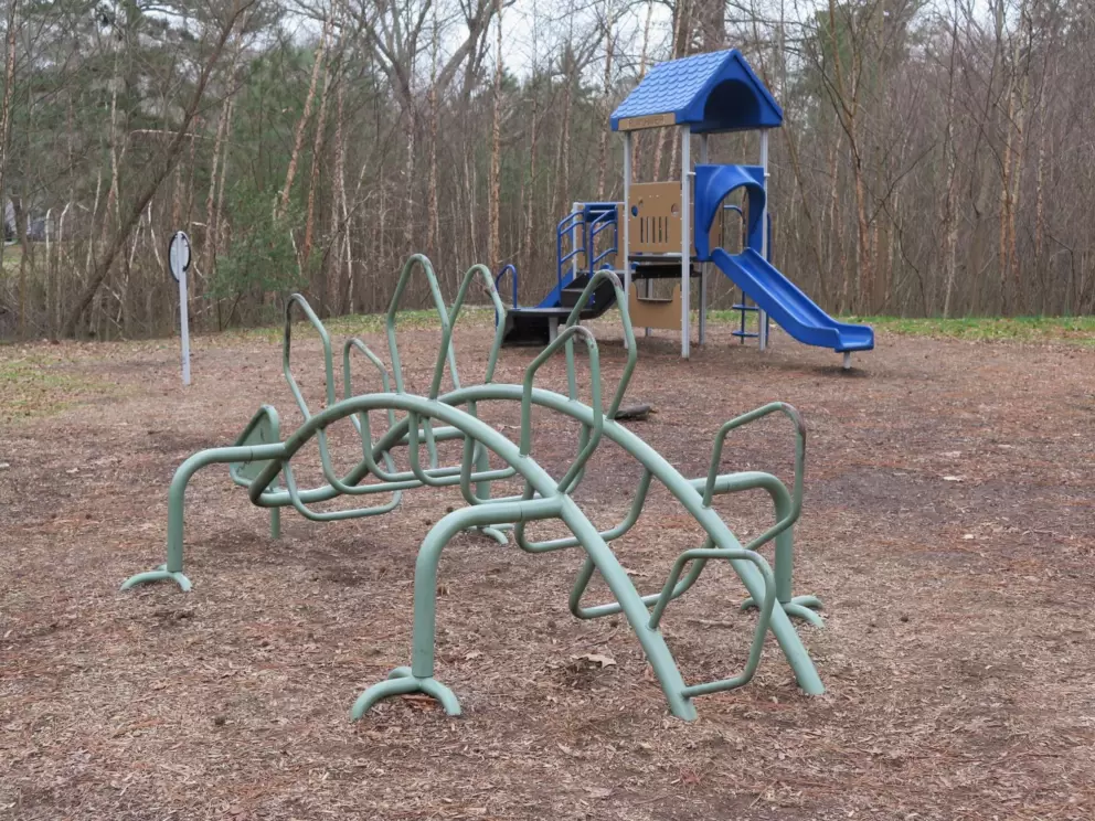 The toddler playground has a small dinosaur climbey!