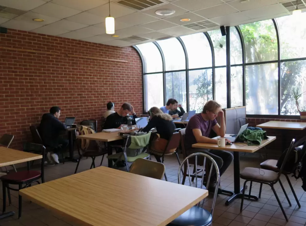 Students studying on a Saturday morning, at Bread and Butter, a bakery on Rosemary Street. 