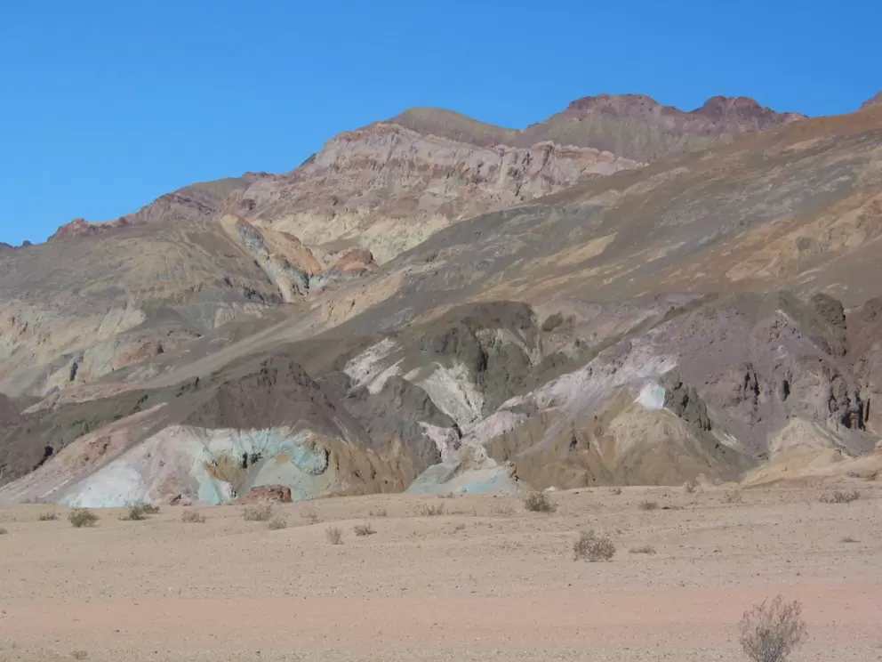 Artist's Palette, where mineral deposits have left swaths of green, red, pink, orange, and purple on the hills. 