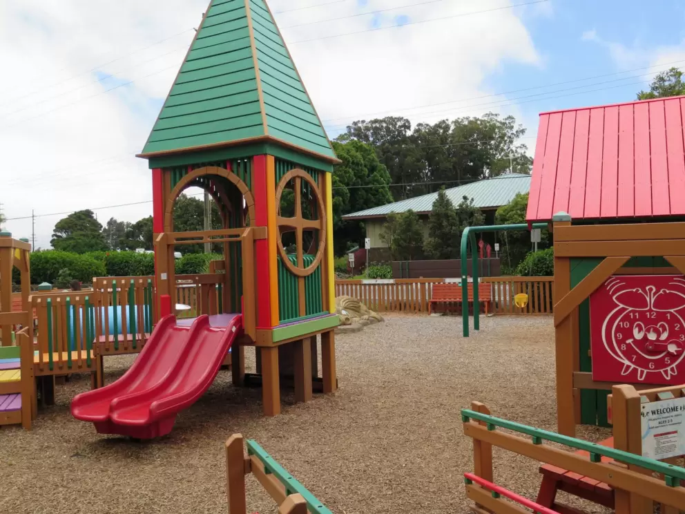 Green tower and red slides.