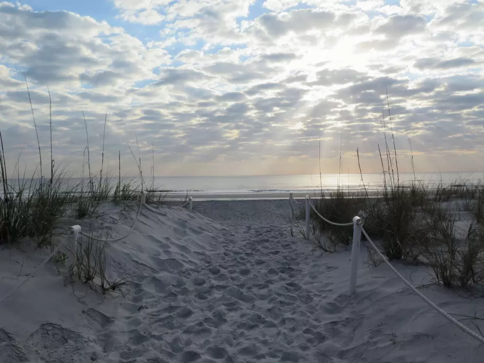 Walking toward a gorgeous morning at the beach.