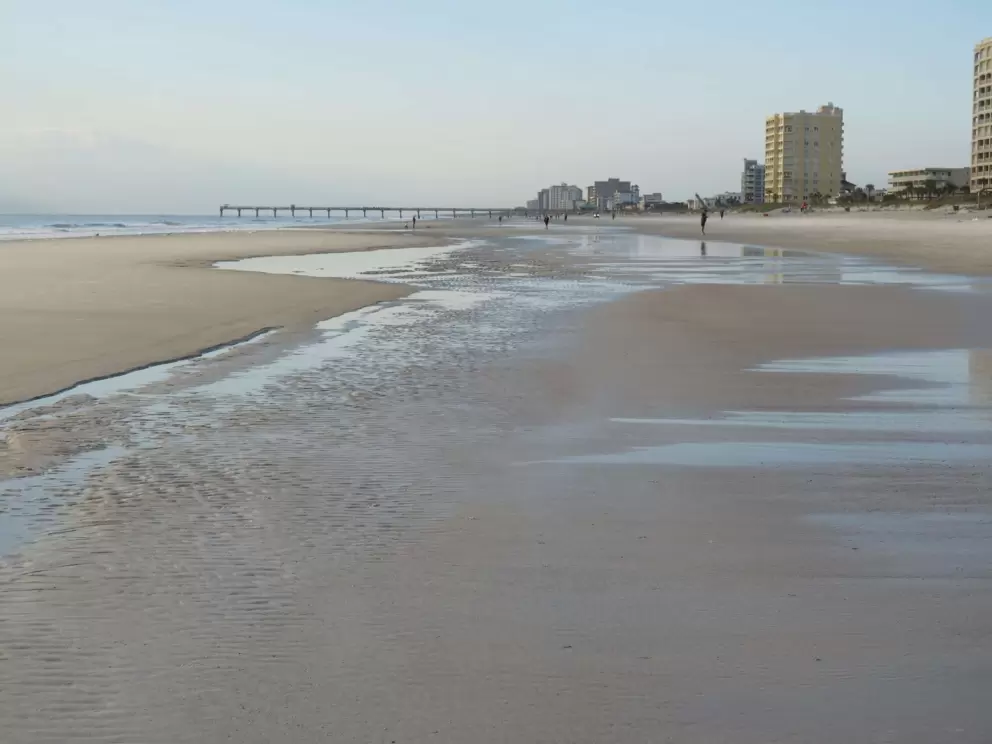 The beach and its little water puddles at the shore.