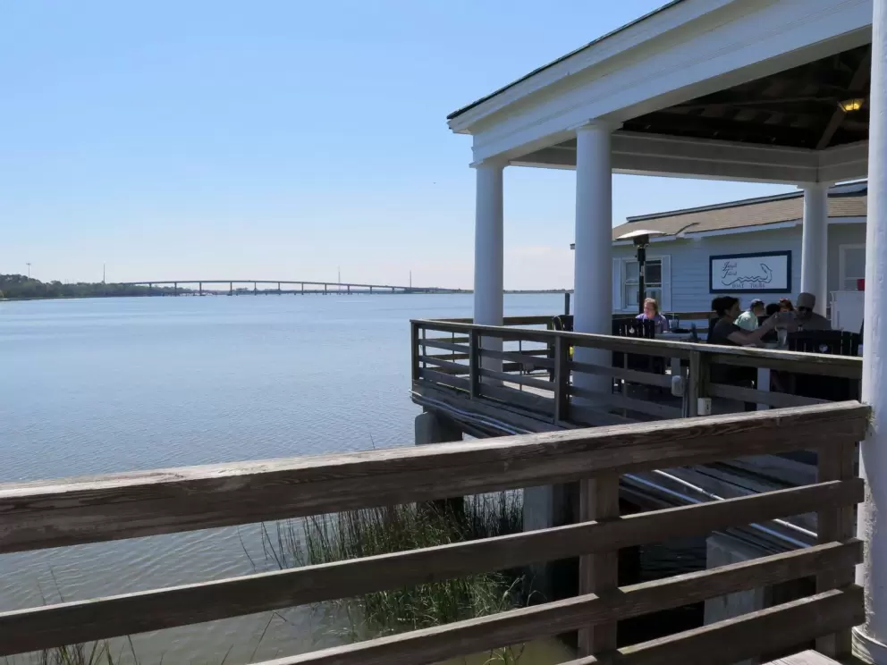 Outdoor seating at The Wharf Restaurant.