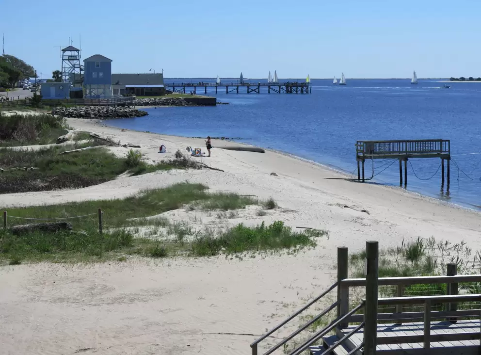 View of Cape Fear River and river pilot lookout tower, from Frying Pan.