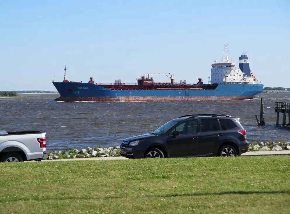 Barge entering the river.