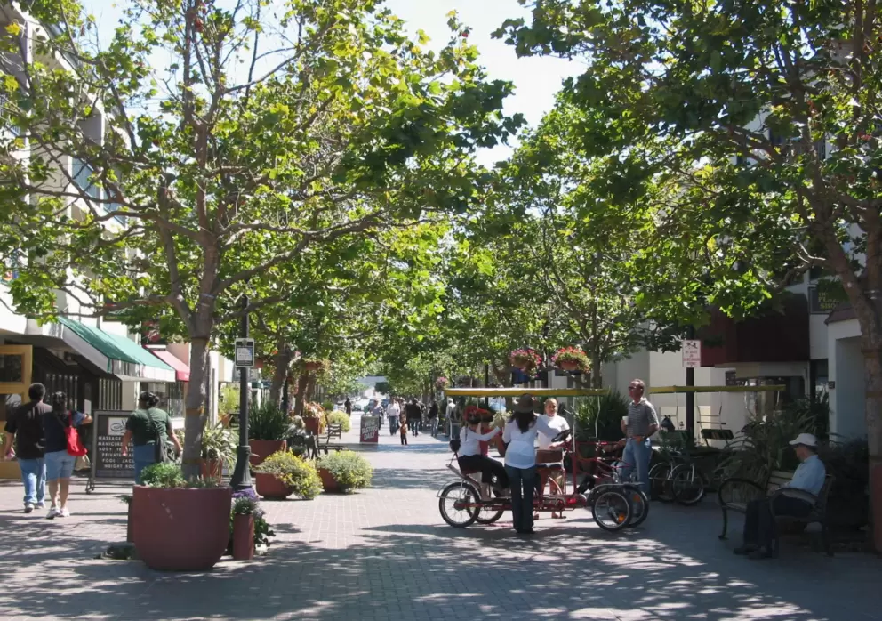 People hanging out at the pedestrian-only section of Alvarado St. 