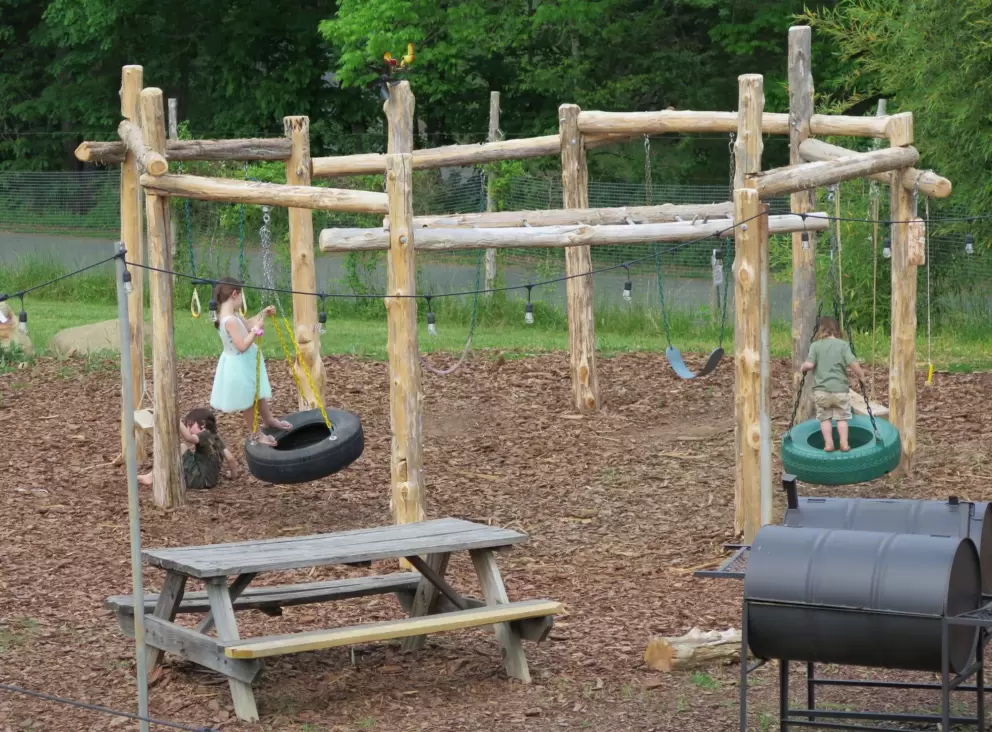 Kids play on the tire swings.