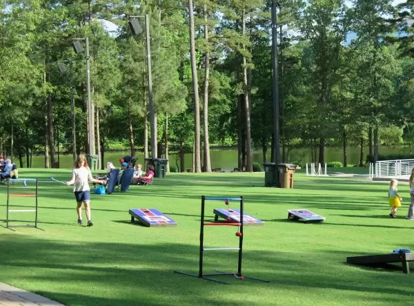 Corn hole on the lawn.