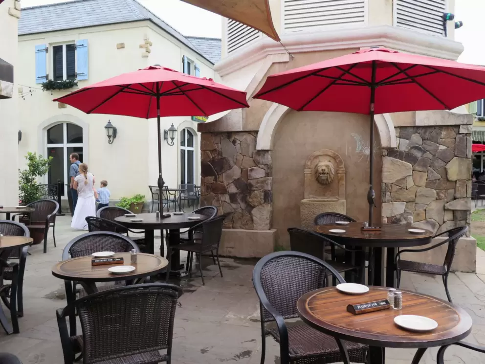 Cute seating around a lion fountain.