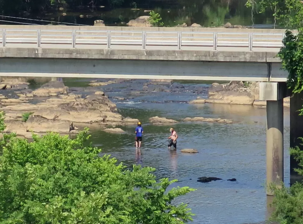 Wading in the water under the highway overpass.