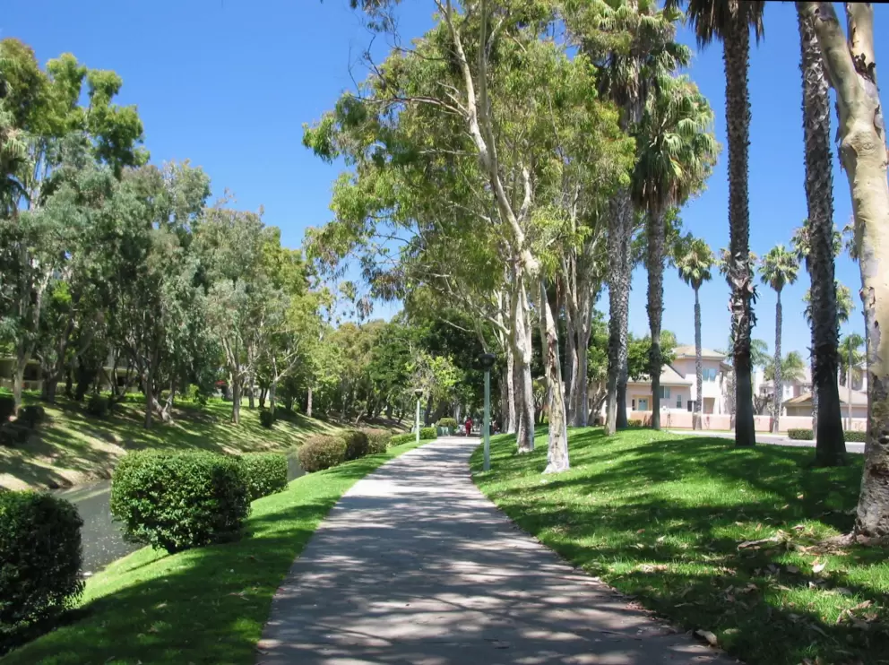 Shady paved path along the creek.