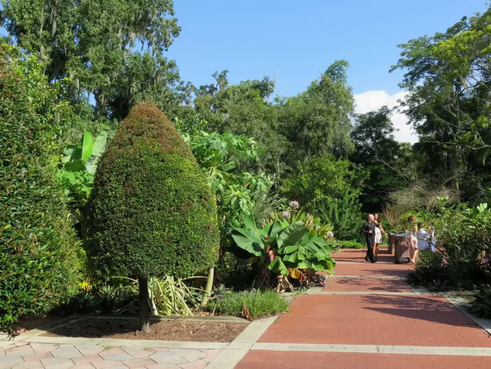 Topiary, banana trees, and visitors in the distance.