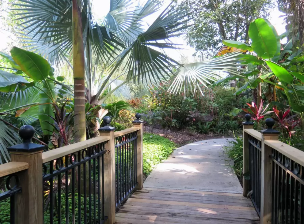I love this walkway with palm fronds and banana leaves.