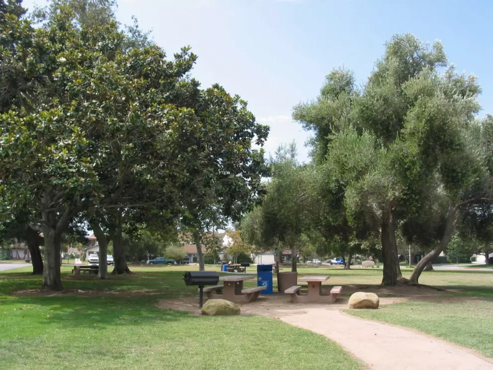 Picnic tables in the shade.