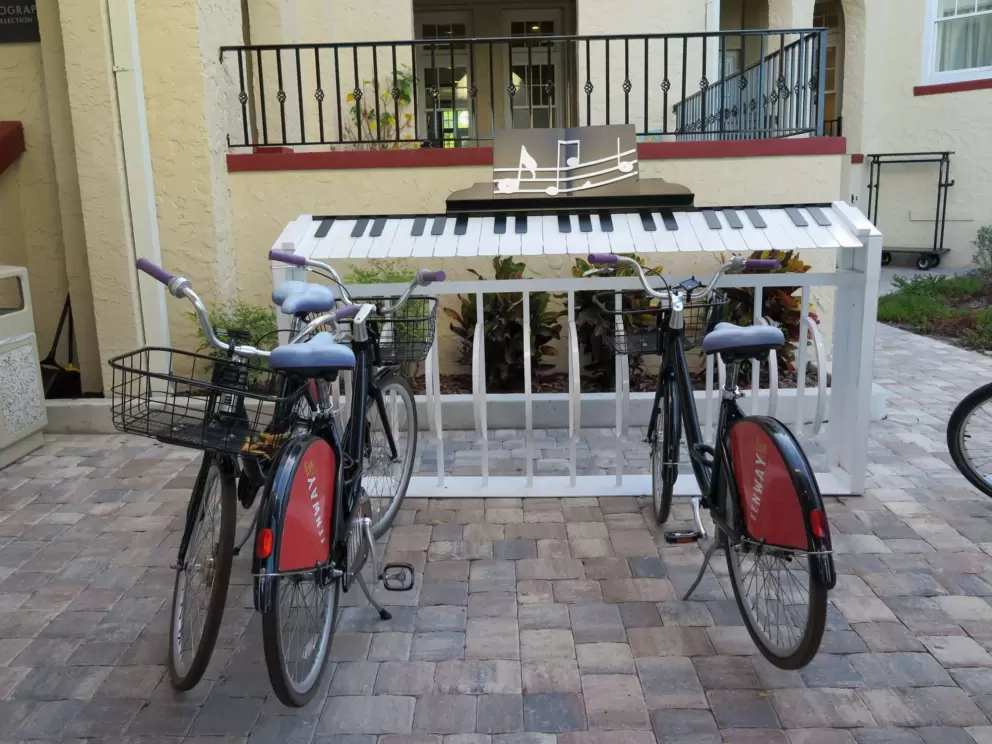 Piano bike rack, at the Fenway Hotel.