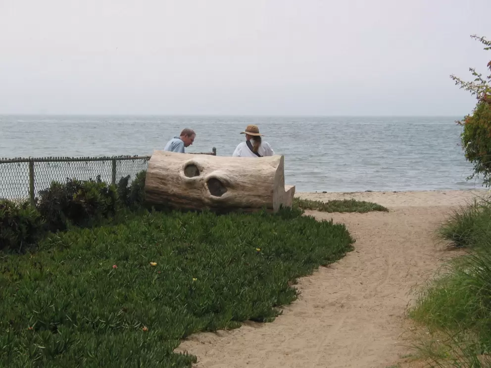A couple eats a picnic lunch on the bench at Hammonds Beach.