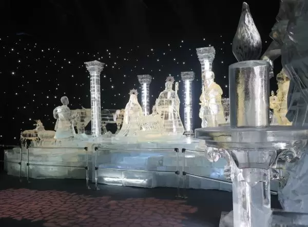 Looking back at the magical nativity scene in clear ice.