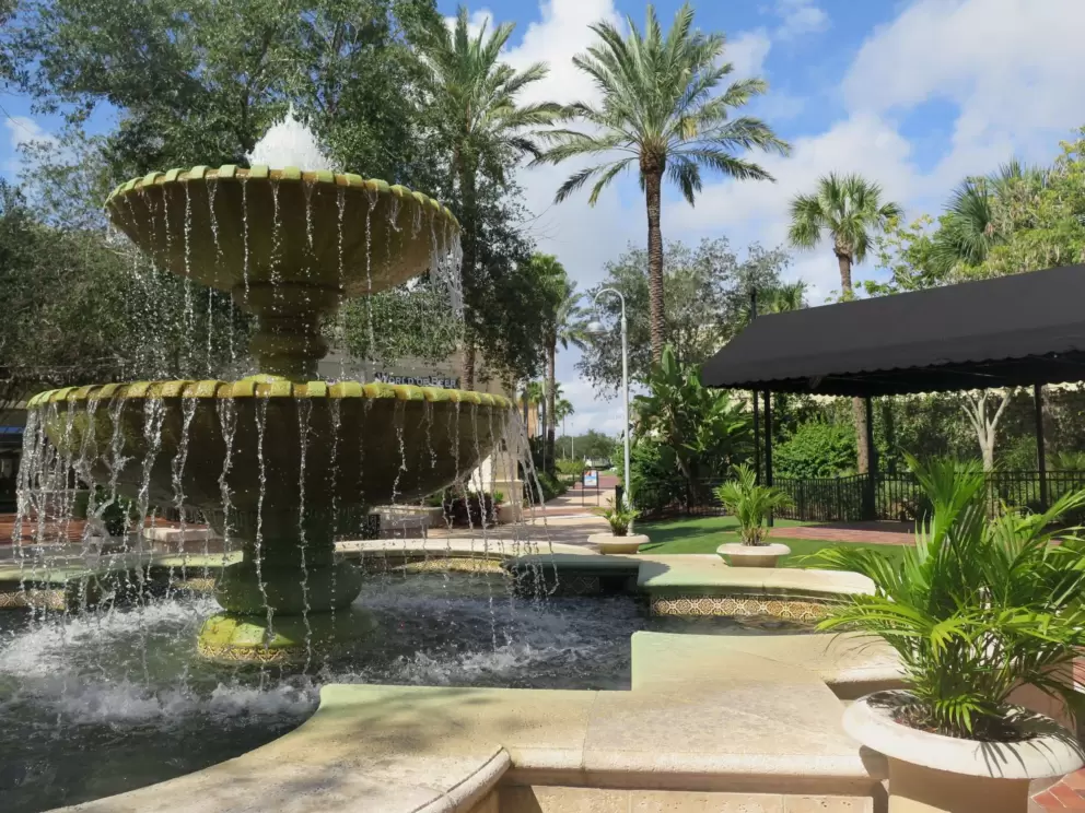 Fountain in the courtyard where people hang out.