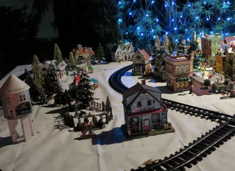 Train set village, with Celebration shops water tower!