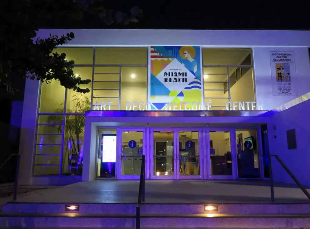 Art Deco Welcome Center at night.