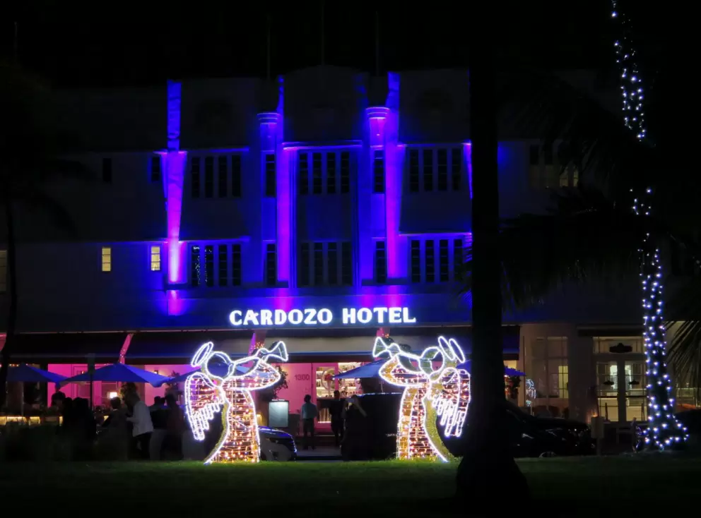 Cardozo Hotel and Christmas angel decorations.