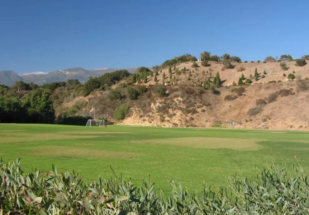 The soccer fields and the hillside with the memorial walk cut into it. 