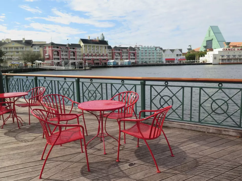 Red table and chairs at Boardwalk. A delight!