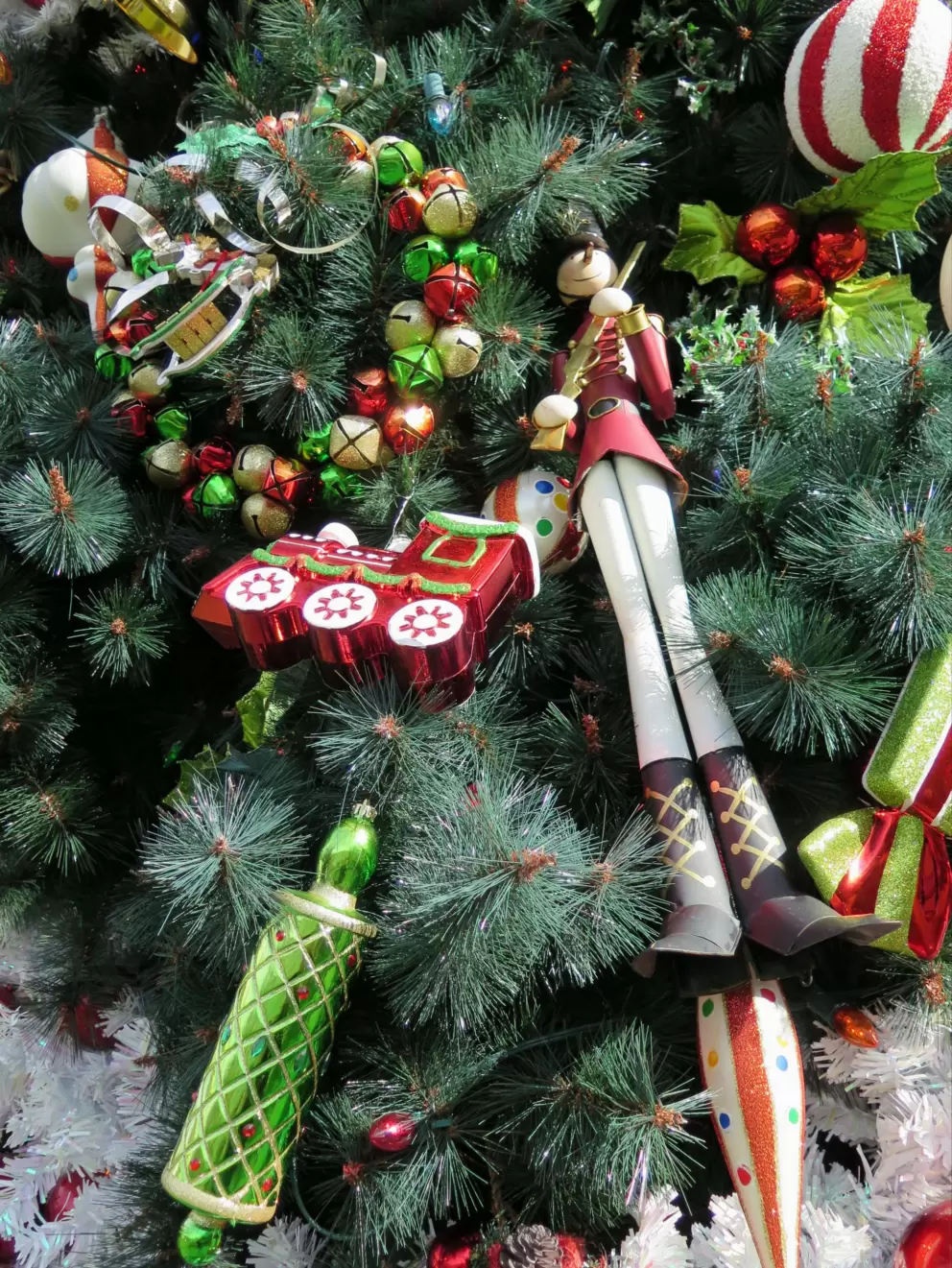 Candies and train in Christmas tree outside Boardwalk Resort.