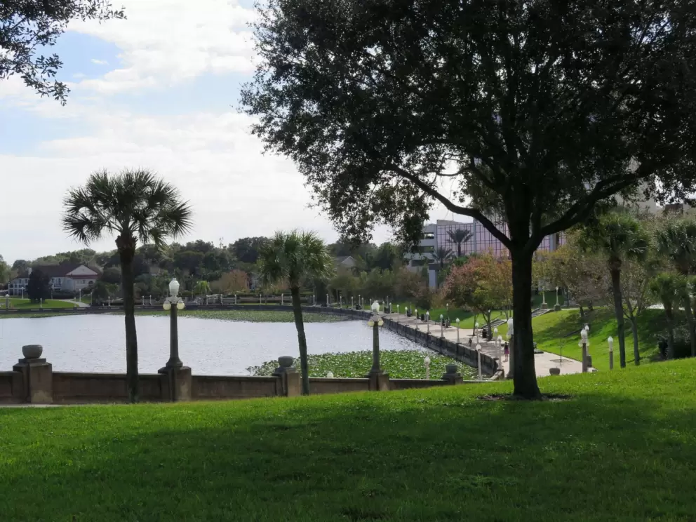 Lampposts leading down to the lake walkway.