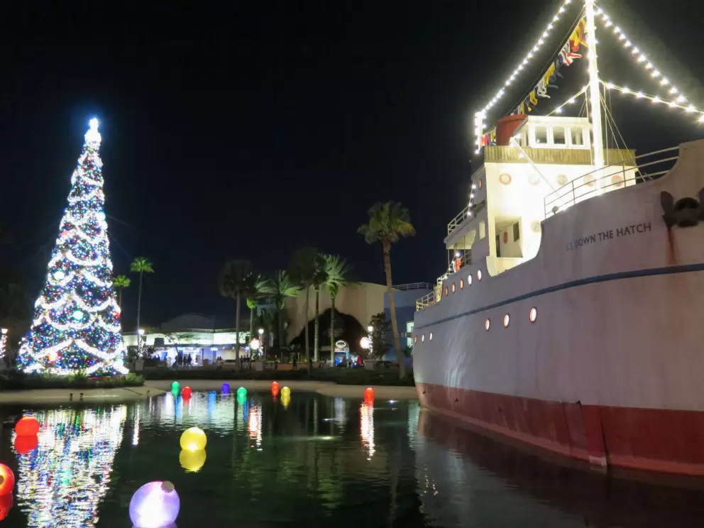 Christmas tree and Down the Hatch eatery.