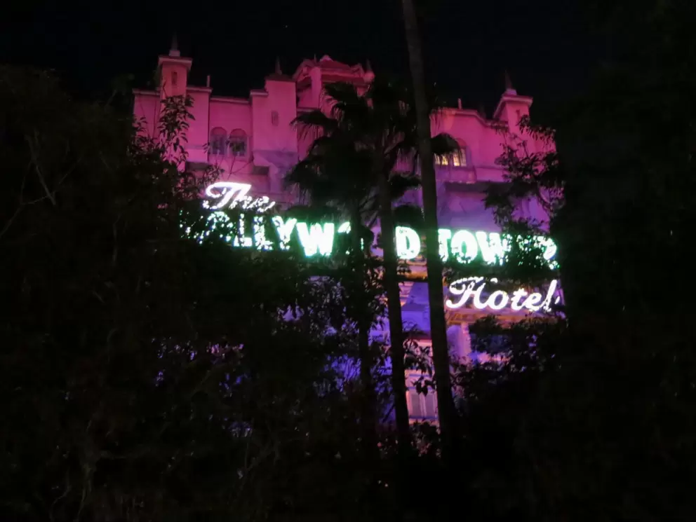 Tower of Terror, from a distance at night.