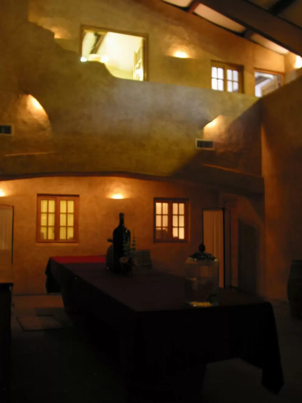 The interior, decorated with golden lights. 
