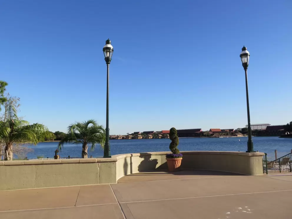 The water and a wide walkway at the Grand Floridian- lovely!