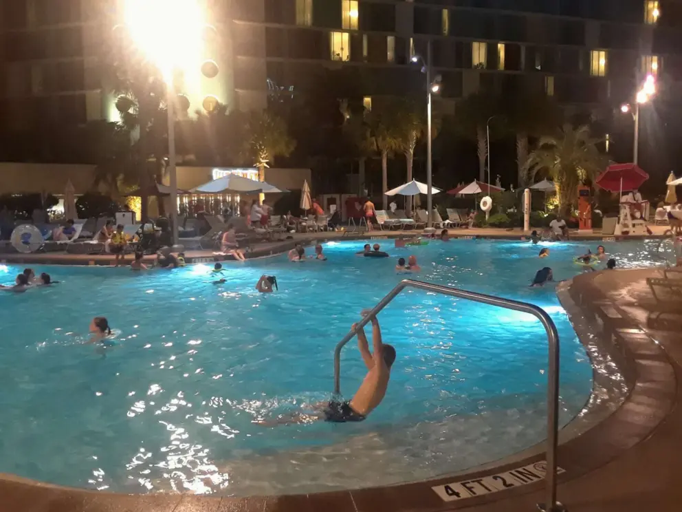 Nighttime swimming at Universal's Cabana Bay Beach Resort.
