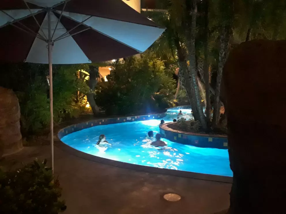 Lazy river at night at Universal's Cabana Bay Beach Resort.