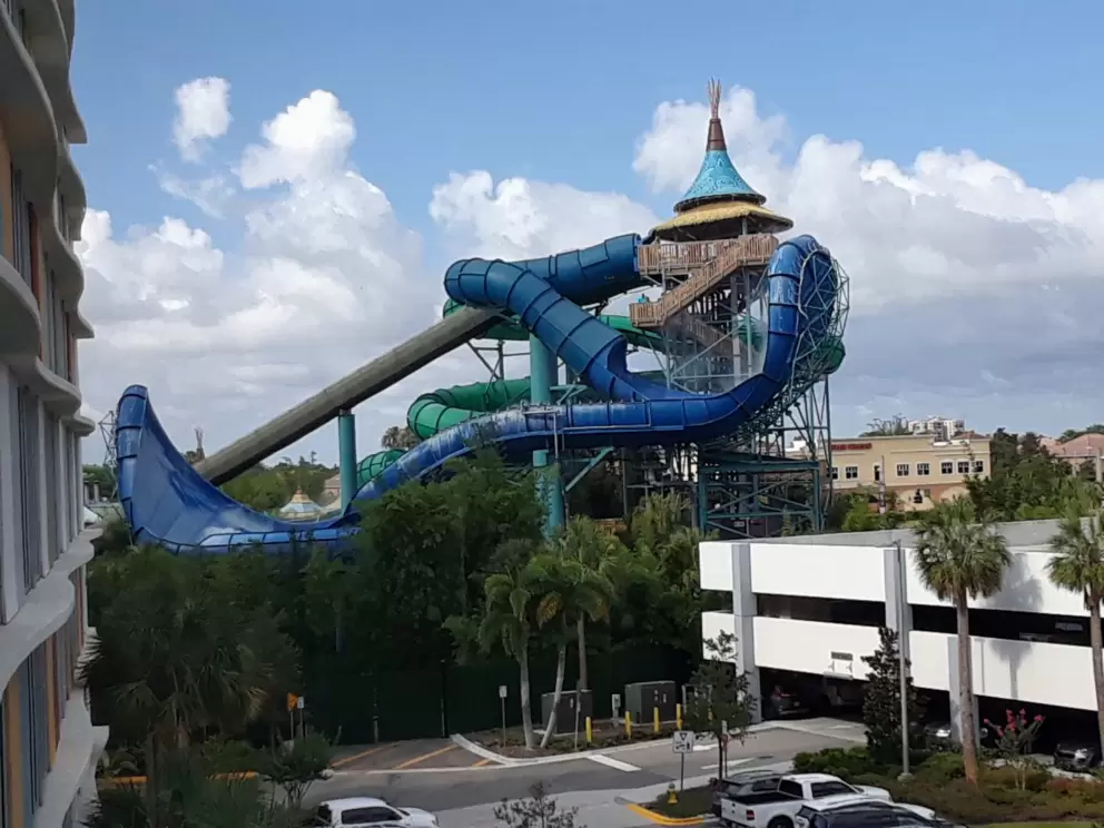 View of Universal's Volcano Bay water park, from hotel room at Universal's Cabana Bay Beach Resort.