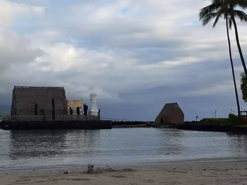 Heiau in the water at Kamakahonu Beach.