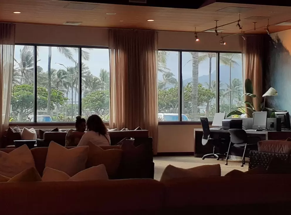 Nice view of palm trees and mountains, in the lobby of the Courtyard Marriott. 