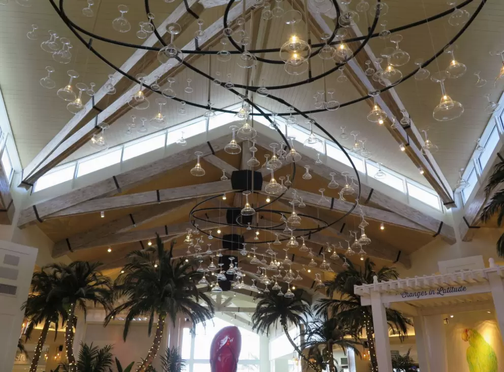 Inside the lobby there are wine glasses hanging upside down!