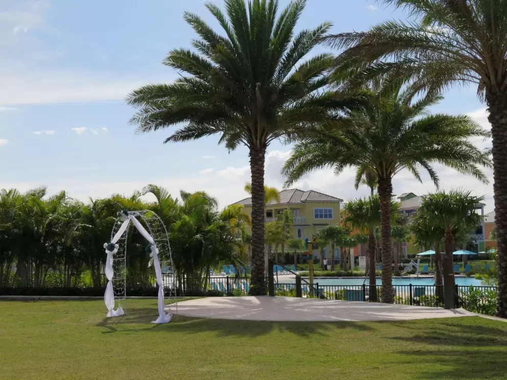 Wedding arch at the big lawn by the pool.