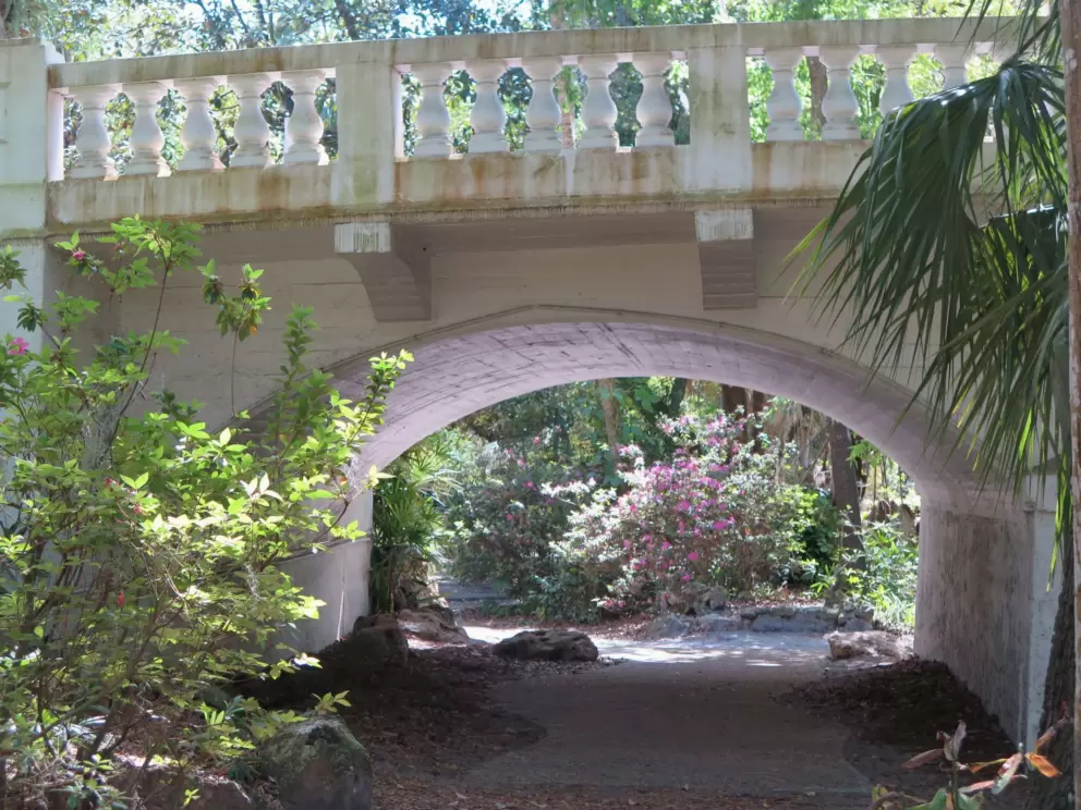 Looking under the fancy bridge toward azalea flowers.