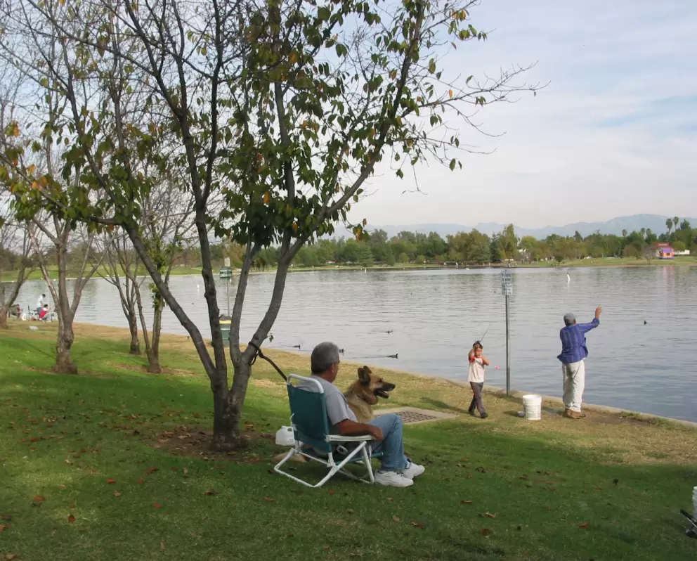 A family fishing at the lake. 