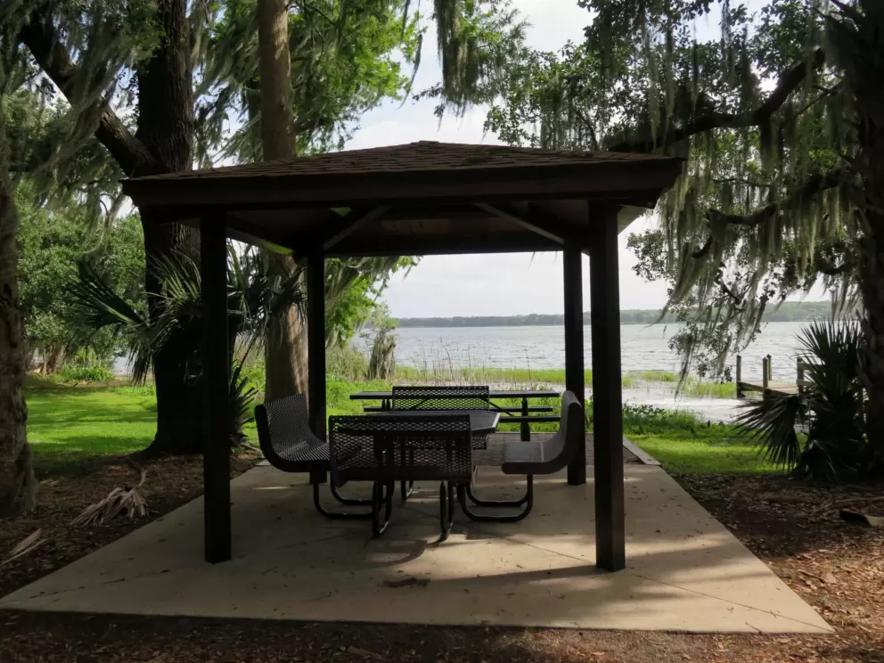 Shaded picnic table.