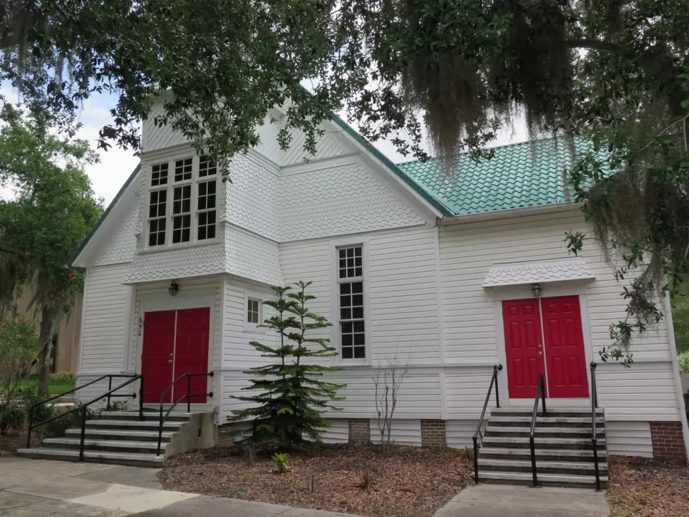 Red doors of Congregational Church.