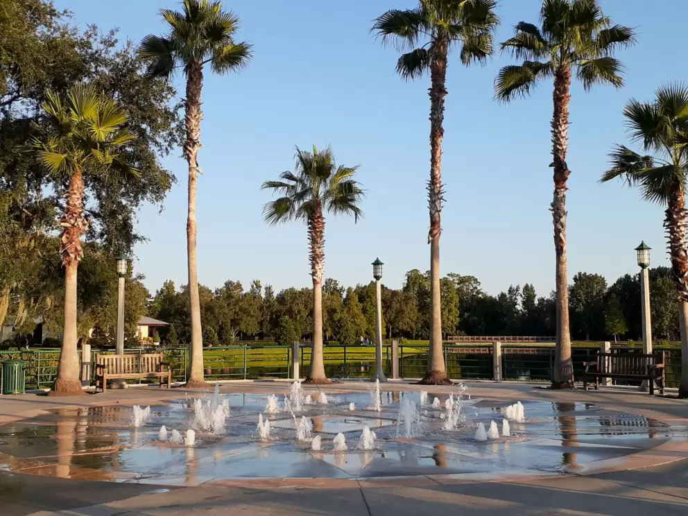 Splash pad, across from Kilwin's, on the promenade around the main lake.
