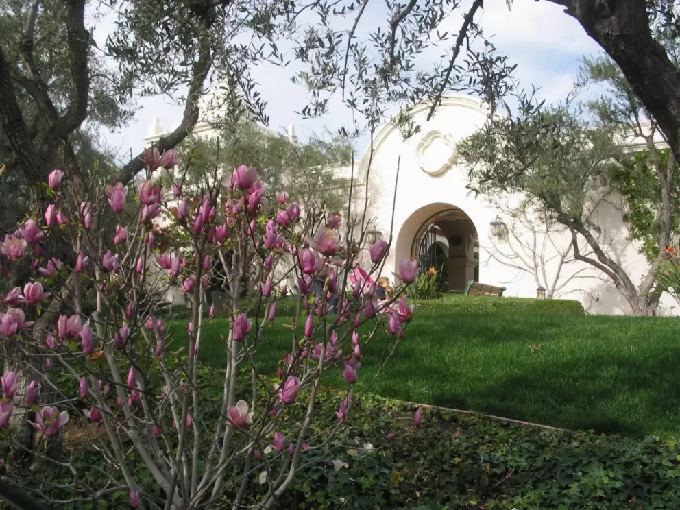 Flowers along the walkway to the California missions courtyard. 