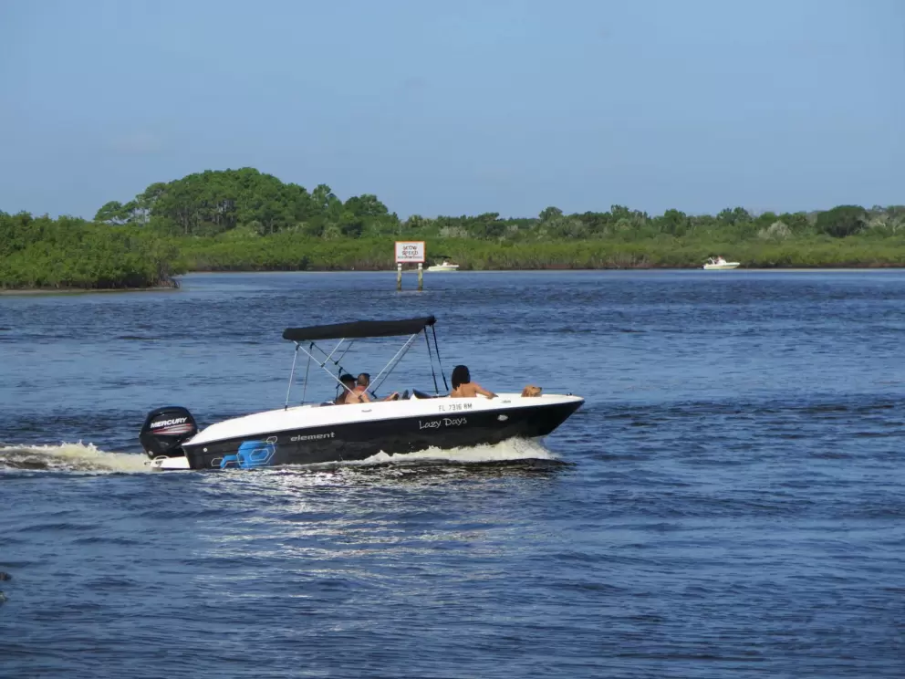 A boat zooms by.