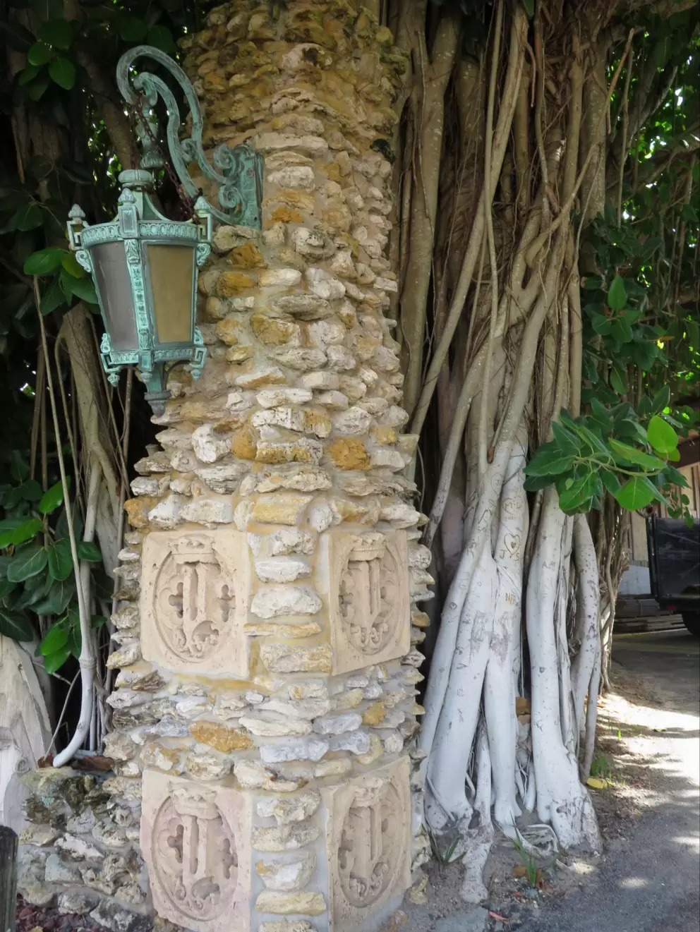Stone column, banyan tree, and historic lamppost outside the Historic Driftwood Resort.